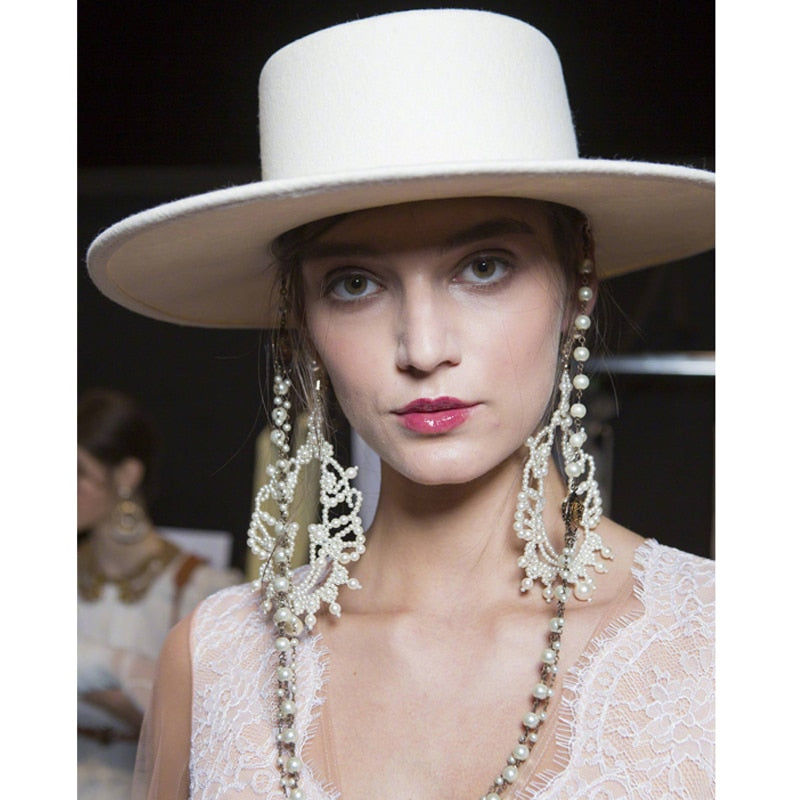 Flat Top Fedoras Hat Imitation Pearls Necklace Women's Felt Wide 7cm Brim Fedora Hat Australia Wool  -  GeraldBlack.com