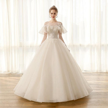 Floor Length Ball Gown Wedding Dress with Puff Sleeves and Lace Illusion  -  GeraldBlack.com