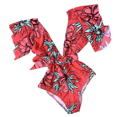 Floral Pattern One-Piece Swimsuit Sexy V Neck Belt Women's Bathing Suit  -  GeraldBlack.com
