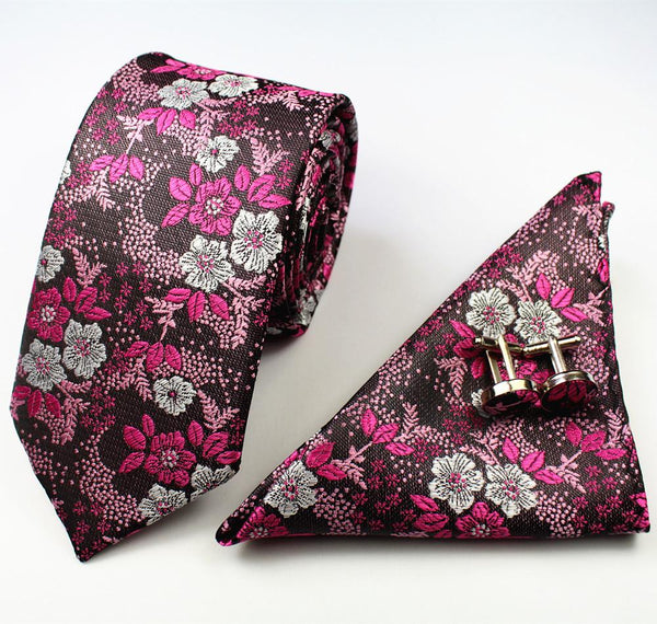 Formal Silk Jacquard Floral Gravata Necktie Hanky Cufflinks Set for Men - SolaceConnect.com