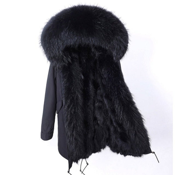 Full Black Long Thick Winter Jacket for Women with Natural Raccoon Fur Hood  -  GeraldBlack.com