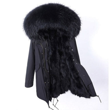 Full Black Long Winter Jacket for Women with Natural Raccoon Fur Hood  -  GeraldBlack.com