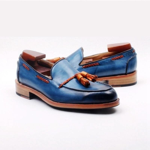 Full Grain Calf Leather Welted Mixed Blue Brown Tassels Slip-on Shoes - SolaceConnect.com