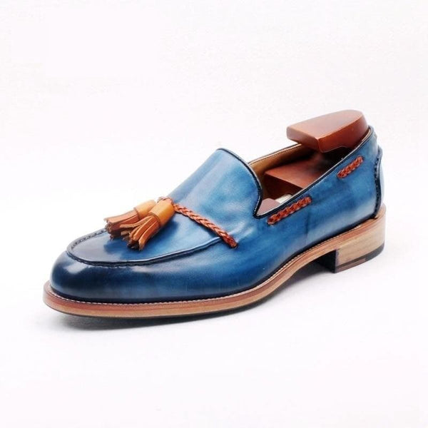 Full Grain Calf Leather Welted Mixed Blue Brown Tassels Slip-on Shoes - SolaceConnect.com