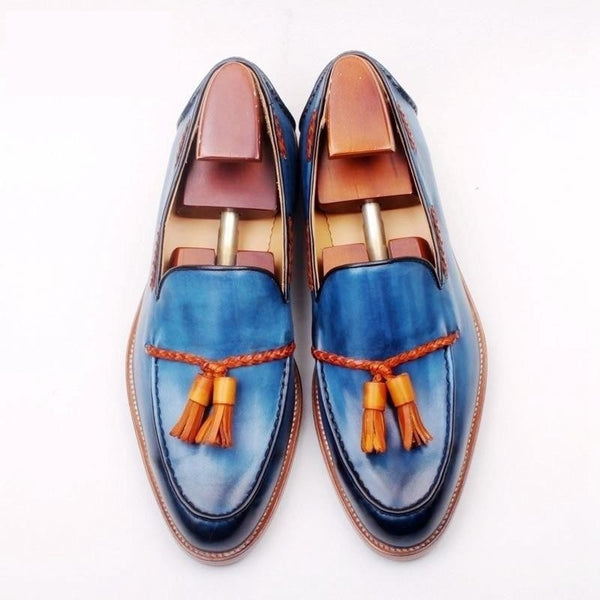 Full Grain Calf Leather Welted Mixed Blue Brown Tassels Slip-on Shoes  -  GeraldBlack.com