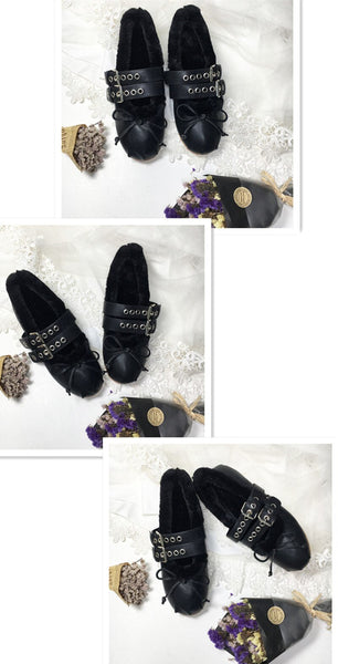 Fur Flat Ballet Shoes Butterfly-knot Outdoor Mary Janes Blet Buckle Zapatos De Mujer Winter Comfortable Shoes  -  GeraldBlack.com