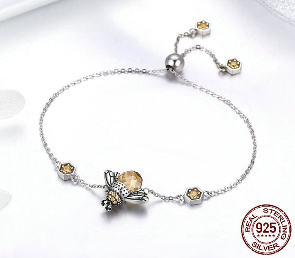 Genuine 100% 925 Sterling Silver Dancing Honey Bee Chain Link Women Bracelet Crystal Big Stone Bracelet Jewelry SCB043  -  GeraldBlack.com