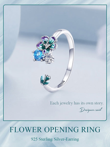 Genuine 925 Sterling Silver Enamel Colorful Flower Open Finger Rings for Women Zircon Adjustable Rings Fine Jewelry  -  GeraldBlack.com