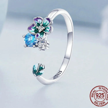 Genuine 925 Sterling Silver Enamel Colorful Flower Open Finger Rings for Women Zircon Adjustable Rings Fine Jewelry  -  GeraldBlack.com