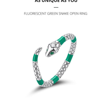Genuine 925 Sterling Silver Fluorescent Green Snake Open Ring for Women Bohemian Style Rine Fine Jewelry Party Gift  -  GeraldBlack.com