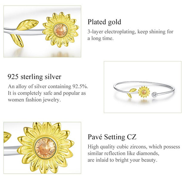 Genuine 925 Sterling Silver Gold Color Adjustable Sunflower Cuff Bangle Bracelet for Women Fine Jewelry BSB045  -  GeraldBlack.com