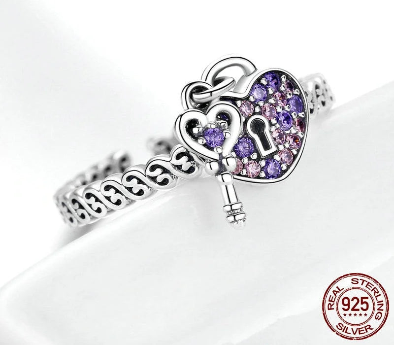 Genuine 925 Sterling Silver Love Heart Key Purple CZ Finger Rings for Women Wedding Engagement Jewelry Anel SCR486  -  GeraldBlack.com
