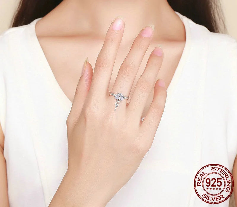 Genuine 925 Sterling Silver Love Heart Key Purple CZ Finger Rings for Women Wedding Engagement Jewelry Anel SCR486  -  GeraldBlack.com