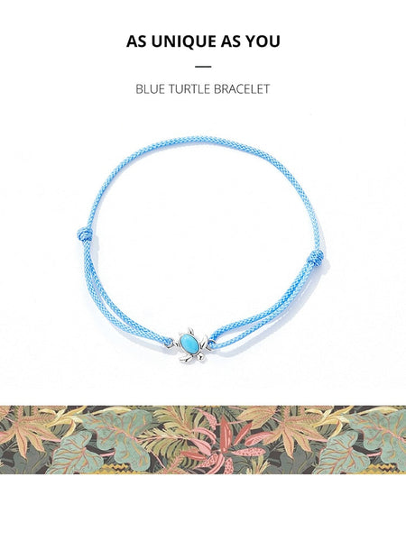 Genuine 925 Sterling Silver Mini Turtle Bracelet for Women Braided Rope Adjustable Blue Bracelet Fine Jewelry Party Gift  -  GeraldBlack.com