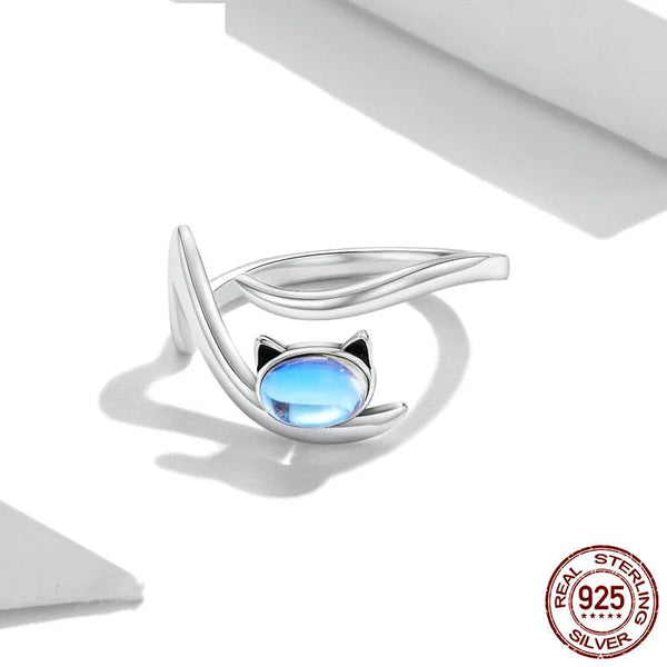 Genuine 925 Sterling Silver Moonstone Cat Open Ring for Women Statement Jewelry Exqusite Gift  -  GeraldBlack.com