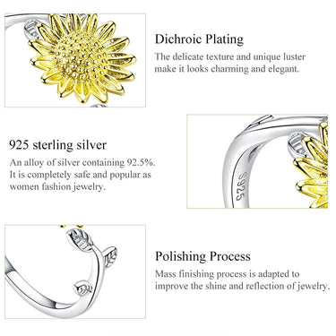 Genuine 925 Sterling Silver Sunflower Finger Rings for Women Wedding Band Engagement Statement Jewelry Anel SCR596  -  GeraldBlack.com