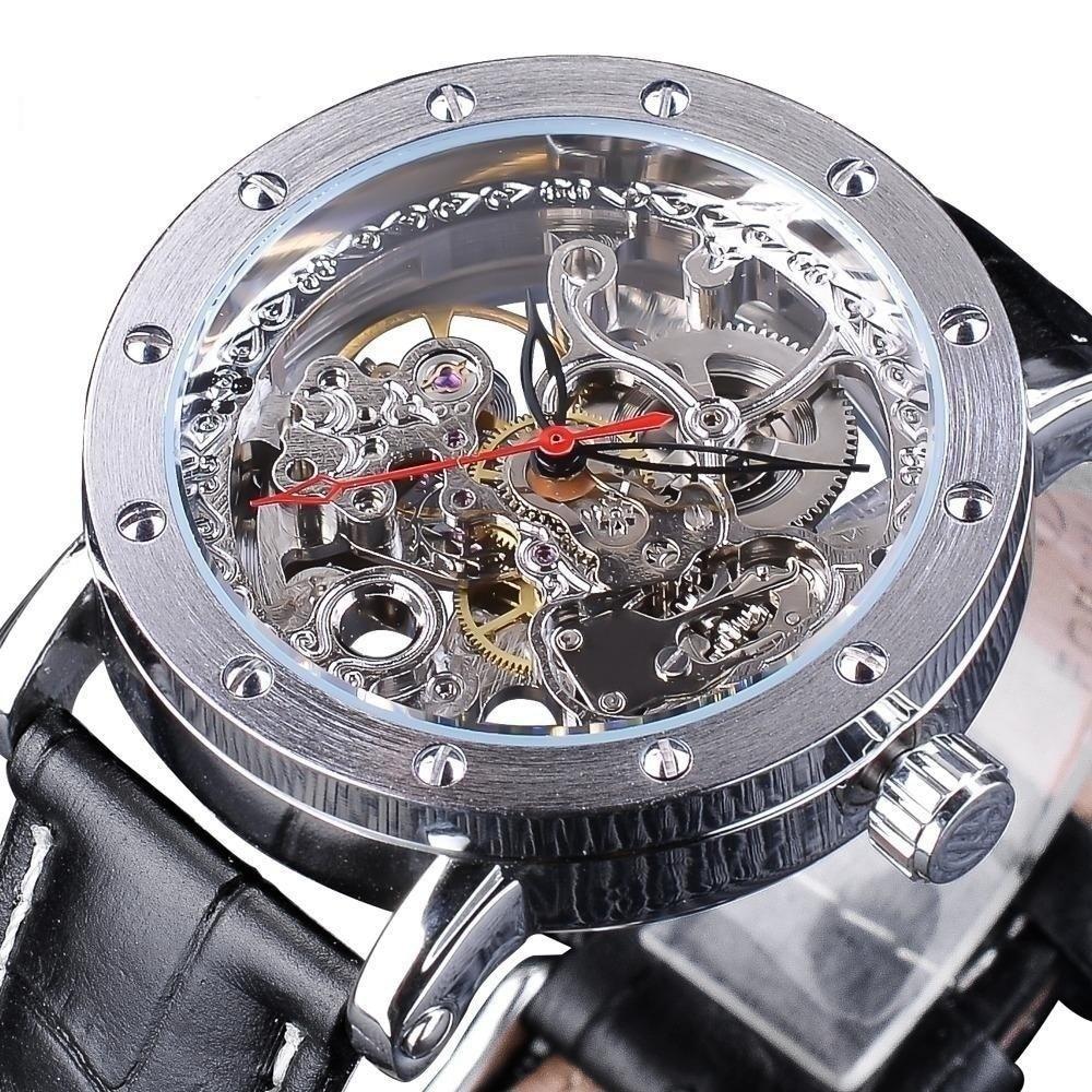 Genuine Leather Belt Automatic Men's Black and Red Skeleton Wristwatches  -  GeraldBlack.com