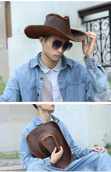 Genuine Leather Cowboy Hat for Men Vintage Handcrafted Western Shapeable Wide Brim Durable Large  -  GeraldBlack.com
