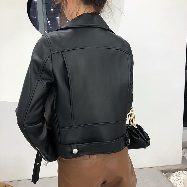 Genuine Leather Jacket with Adjustable Waist and Pockets for Women - SolaceConnect.com