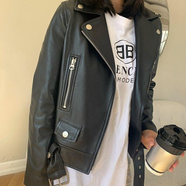 Genuine Leather Jacket with Adjustable Waist and Pockets for Women - SolaceConnect.com