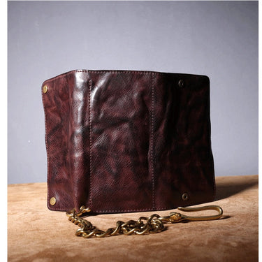 Genuine Leather Long Men Purse Copper Chain Dismantling Medium and Long Card Holder Fold Wallets  -  GeraldBlack.com