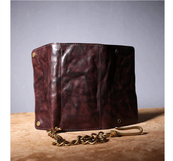 Genuine Leather Long Men Purse Copper Chain Dismantling Medium and Long Card Holder Fold Wallets  -  GeraldBlack.com