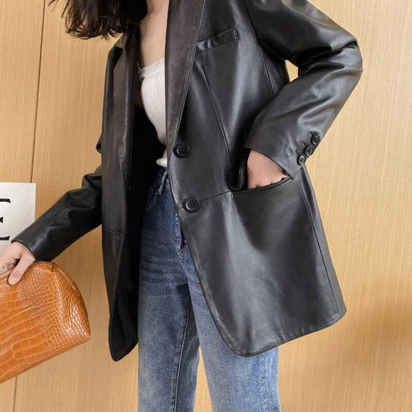 Genuine Leather Loose Oversize Long Jacket with Pocket for Women  -  GeraldBlack.com