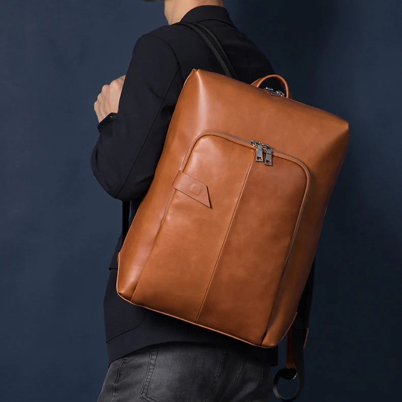 Genuine Leather Men's Backpack Business Laptop Bag Cowhide Simple Fashion Travel Backpacks Student Schoolbag Shoudler Bags  -  GeraldBlack.com