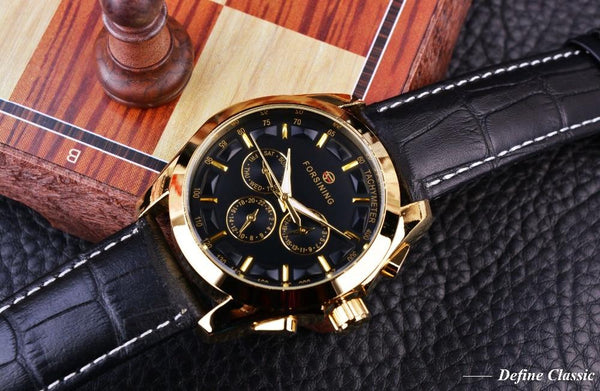 Genuine Leather Men's Retro Designer Watch with Three Dial Decoration - SolaceConnect.com