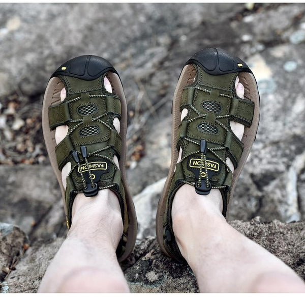 Genuine Leather Men's Summer Beach Sandals with Buckle Strap - SolaceConnect.com