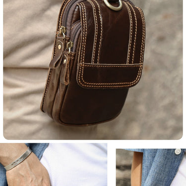 Genuine Leather Men's Waist Bag Fanny Pack Cell Phone Cowhide Small Waist Pouch Hook Design Waist  -  GeraldBlack.com
