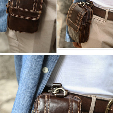 Genuine Leather Men's Waist Bag Fanny Pack Cell Phone Cowhide Small Waist Pouch Hook Design Waist  -  GeraldBlack.com