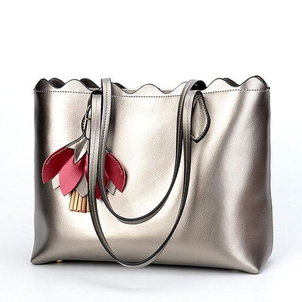 Genuine Leather Silver Flower Big Shoulder Handbags for Women - SolaceConnect.com