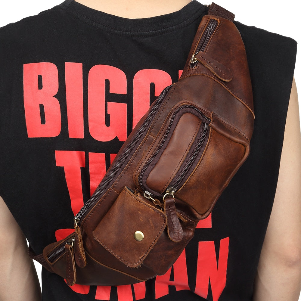 Genuine Leather Waist Bag for Men Vintage Chest Pack Man Money Phone Belt Pouch Fanny Packs Sling  -  GeraldBlack.com