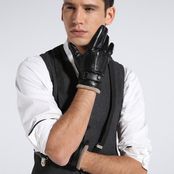 Genuine Leather Winter Gloves for Men Fashion Black Real Goatskin Wool Lining Warm Hand Driving  -  GeraldBlack.com