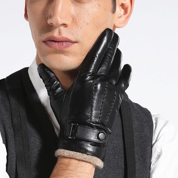 Genuine Leather Winter Gloves for Men Fashion Black Real Goatskin Wool Lining Warm Hand Driving  -  GeraldBlack.com