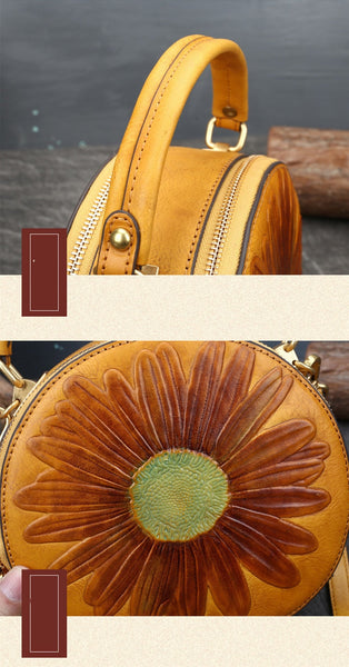Genuine Leather Women First Layer Cowhide Retro Small Round Diagonal Handbag  -  GeraldBlack.com