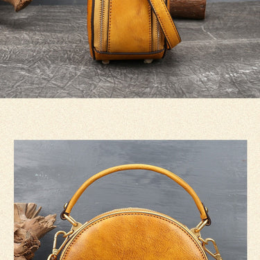 Genuine Leather Women First Layer Cowhide Retro Small Round Diagonal Handbag  -  GeraldBlack.com