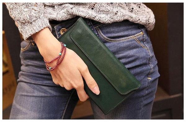 Genuine Leather Women's Long Thin Cowhide Multiple Cards Holder Wallet - SolaceConnect.com