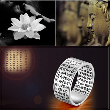 Genuine Silver Chinese Heart Sutra Ring Buddha Wide Letters Jewelry - SolaceConnect.com