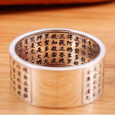 Genuine Silver Chinese Heart Sutra Ring Buddha Wide Letters Jewelry - SolaceConnect.com
