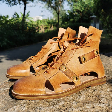 Gladiator Women Leather Hollow Out Breathable High Top Round Toe Casual Handmade Vintage Summer Sandals  -  GeraldBlack.com