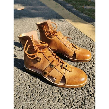 Gladiator Women Leather Hollow Out Breathable High Top Round Toe Casual Handmade Vintage Summer Sandals  -  GeraldBlack.com