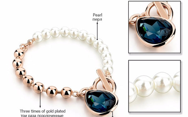 Gold Color Pearl Beads Strand Bracelets With Blue Stones Wedding Engagement Jewelry Bracelet Femme Sbr160114  -  GeraldBlack.com