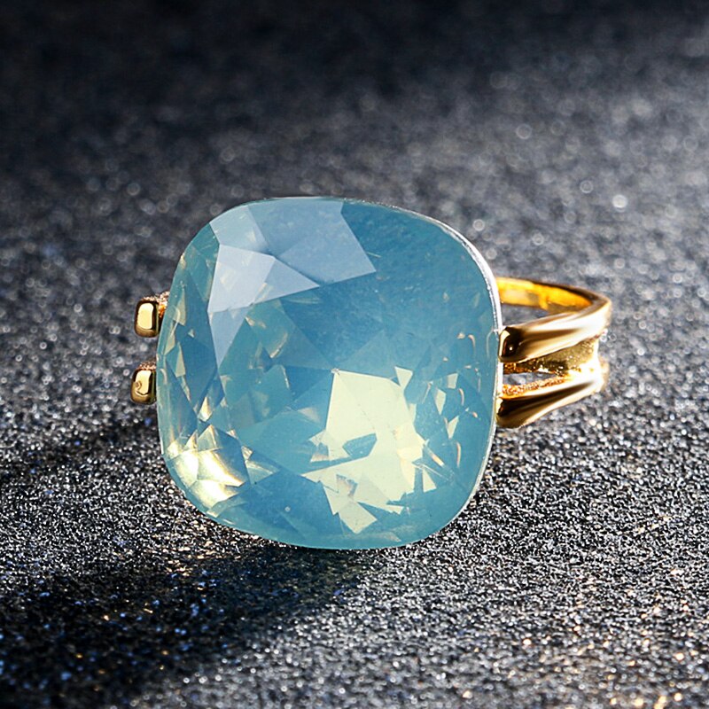 Gold Color Square Blue Opal Stone CZ Wedding Rings for Women  -  GeraldBlack.com