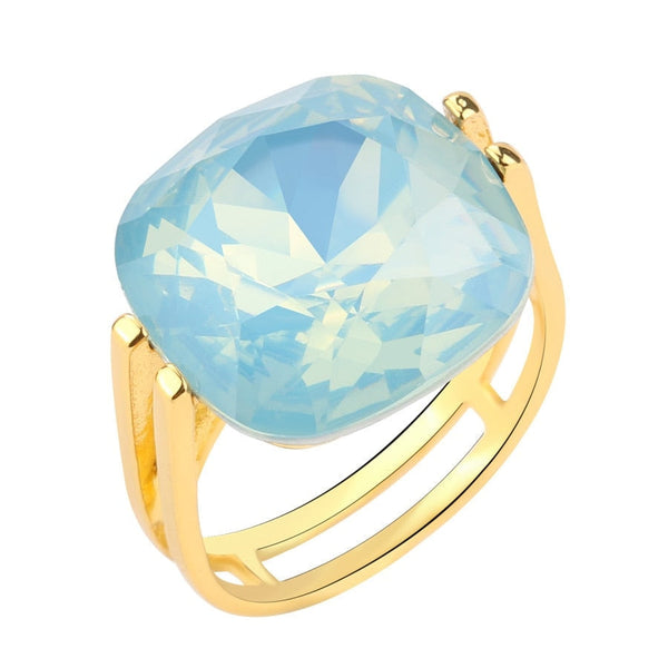 Gold Color Square Blue Opal Stone CZ Wedding Rings for Women  -  GeraldBlack.com