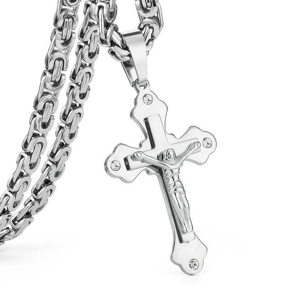 Gold Color Stainless Steel Crystal Jesus Pendant Heavy Link Necklace - SolaceConnect.com