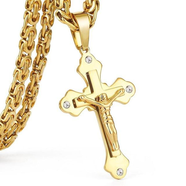 Gold Color Stainless Steel Crystal Jesus Pendant Heavy Link Necklace - SolaceConnect.com