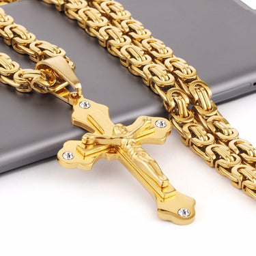 Gold Color Stainless Steel Crystal Jesus Pendant Heavy Link Necklace  -  GeraldBlack.com