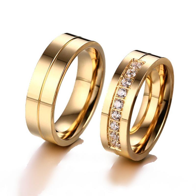 Gold Color Stainless Steel Cubic Zirconia Wedding Bands for Men Women  -  GeraldBlack.com